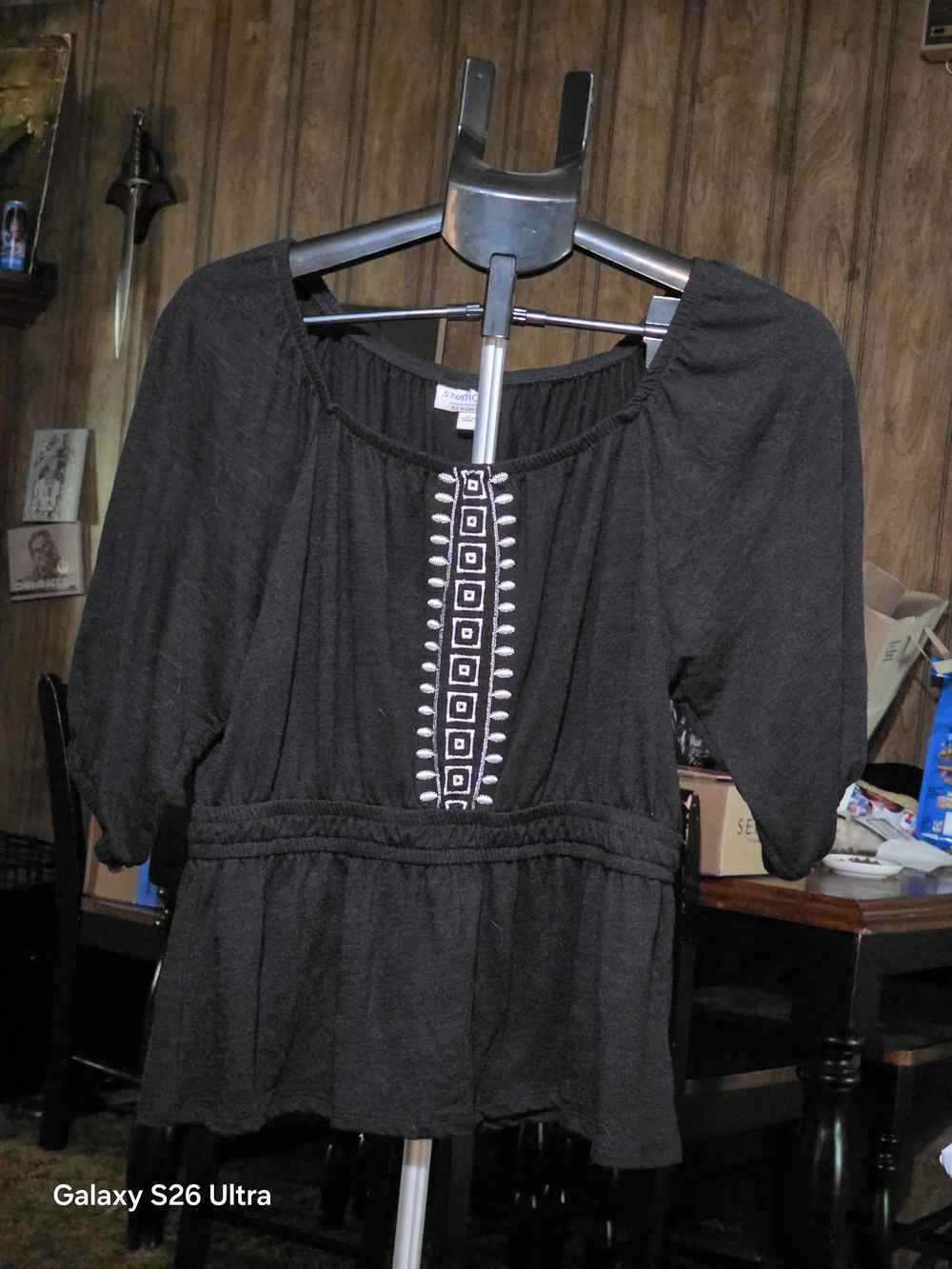 bobeau Black Peasant Blouse with Embroidered Front